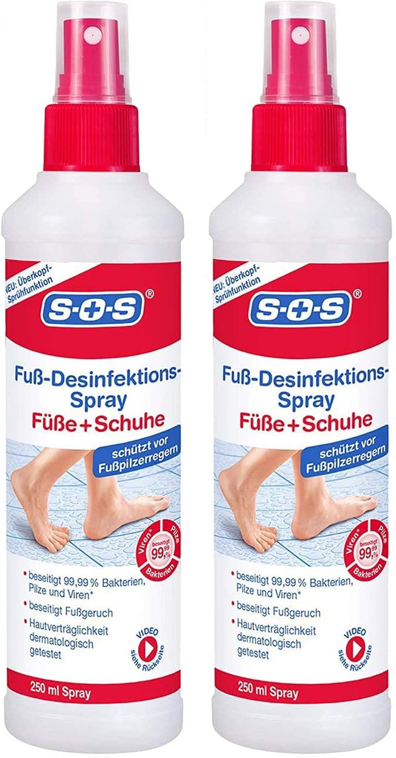 SOS Fuß-Desinfektions-Spray | Als Fuß Spray: Schützt vor Fußpilz | Als Schuhspray: beseitigt Schweiß & Fußgeruch 2x250ml Fußdesinfektionsspray