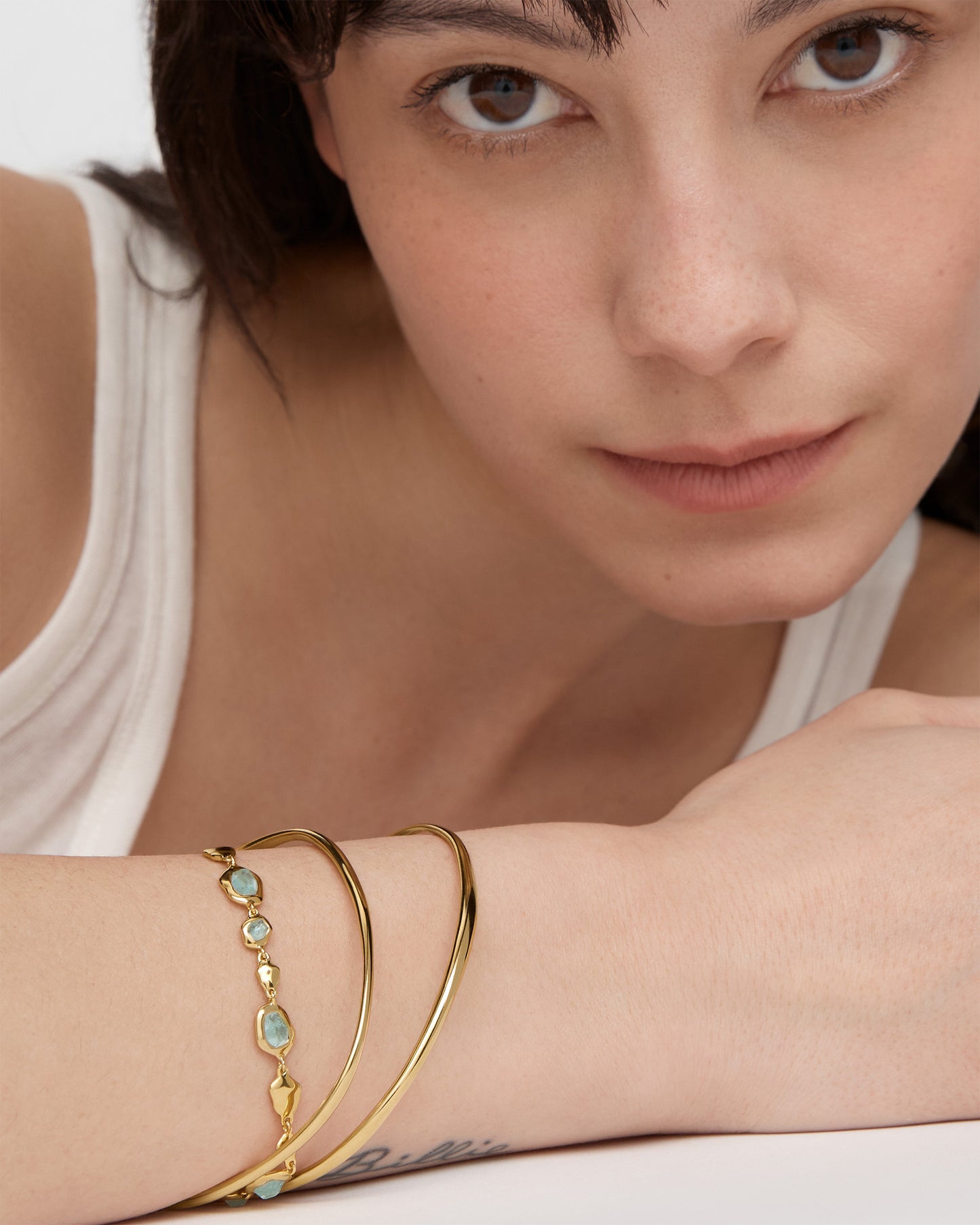 Gold Vermeil Odyssey Edelstein-Kettenarmband mit Kieselstruktur - Aquamarin