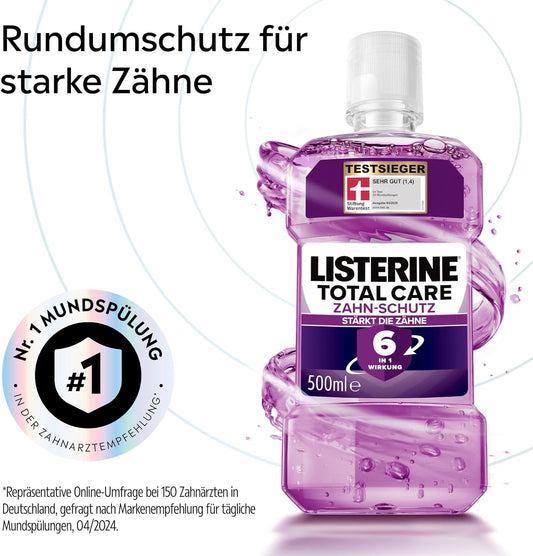 LISTERINE Total Care Zahn-Schutz 6 x 500 ml, schützende Mundspülung gegen Karies mit 6 in 1 Wirkung, antibakterielles Mundwasser schützt vor Zahnfleischproblemen, bis zu 24h frischer Atem