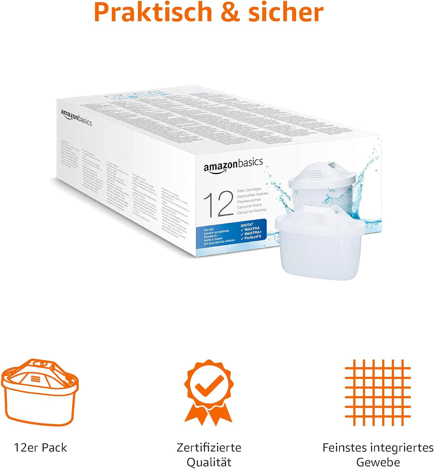 Amazon Basics Wasserfilterkartuschen, 12 Stück, passend für alle BRITA Systeme inkl. PerfectFit Systeme