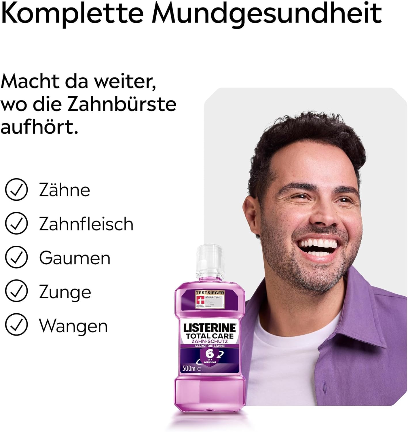 LISTERINE Total Care Zahn-Schutz 6 x 500 ml, schützende Mundspülung gegen Karies mit 6 in 1 Wirkung, antibakterielles Mundwasser schützt vor Zahnfleischproblemen, bis zu 24h frischer Atem