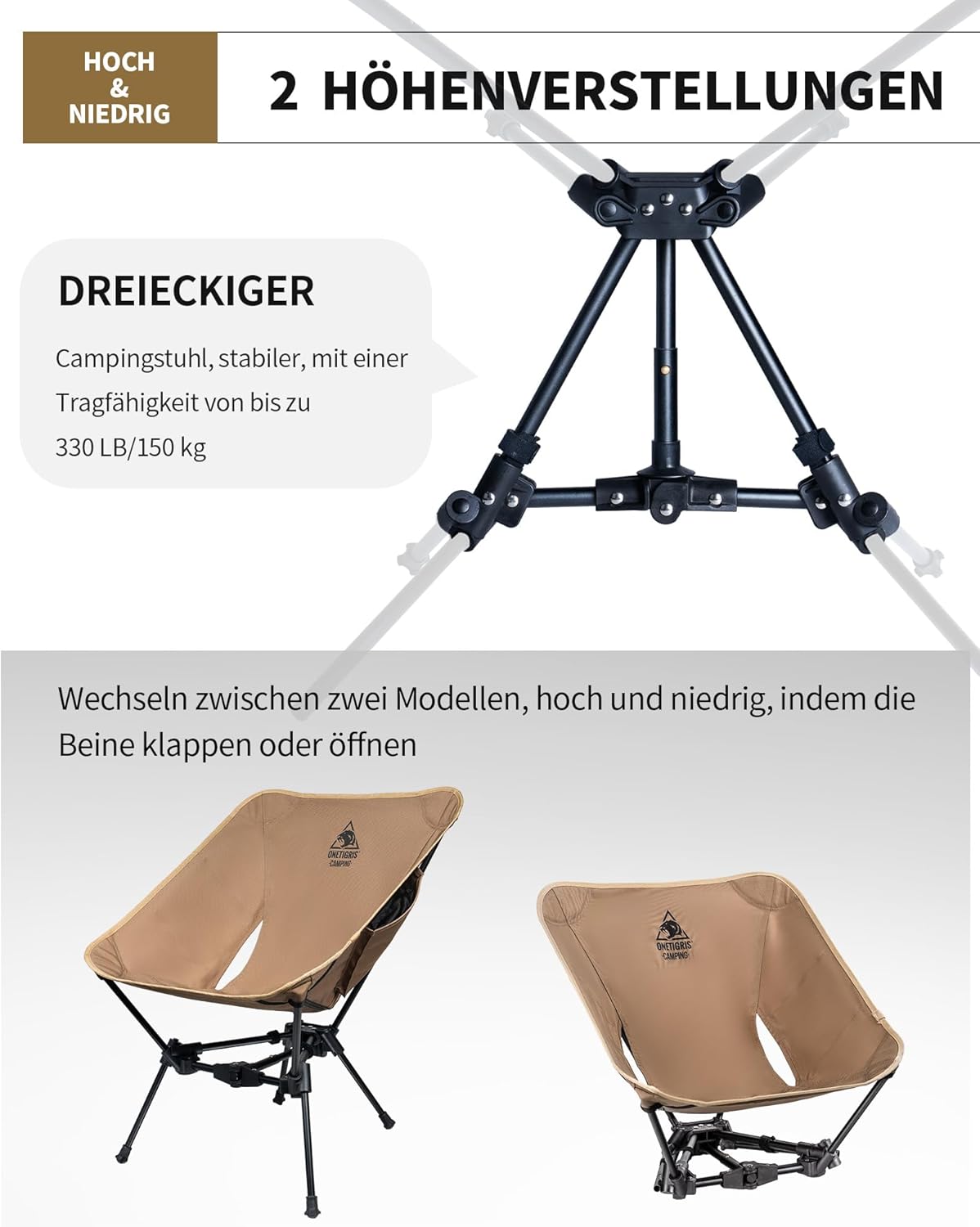 OneTigris TIGERBLADE Campingstuhl faltbar 150 kg, Klappstuhl Camping leicht Dreiecksrahmen, Faltstuhl Ultraleicht, mit 2 Seitentaschen für Outdoor, Wandern