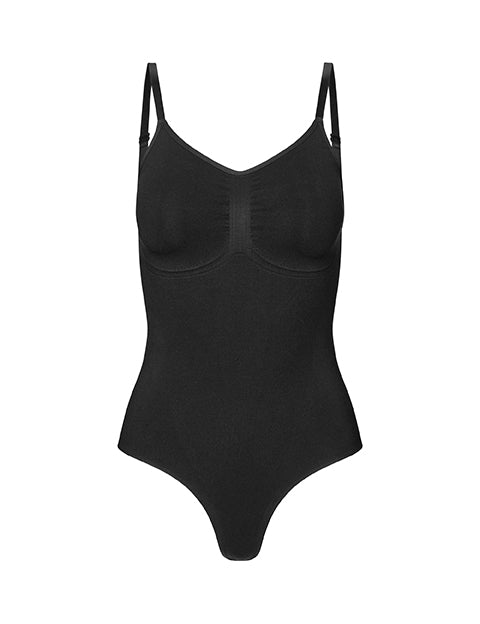 Black shapewear bodystocking with high comfort and functionality.