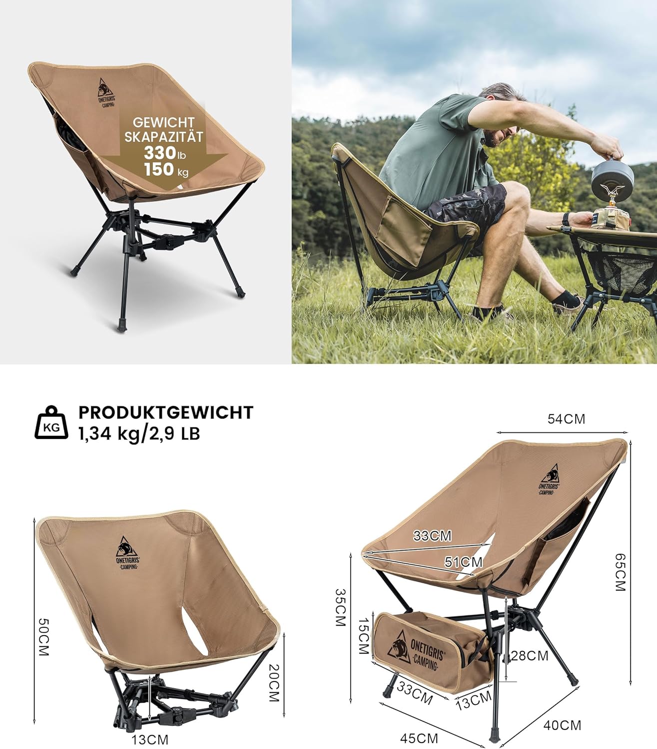 OneTigris TIGERBLADE Campingstuhl faltbar 150 kg, Klappstuhl Camping leicht Dreiecksrahmen, Faltstuhl Ultraleicht, mit 2 Seitentaschen für Outdoor, Wandern