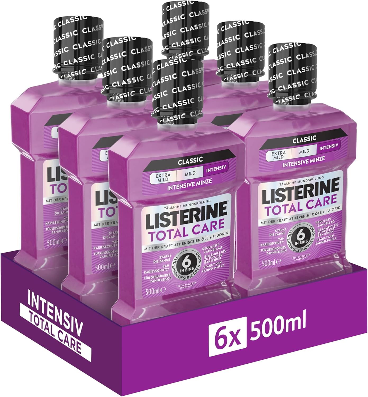 LISTERINE Total Care Zahn-Schutz 6 x 500 ml, schützende Mundspülung gegen Karies mit 6 in 1 Wirkung, antibakterielles Mundwasser schützt vor Zahnfleischproblemen, bis zu 24h frischer Atem