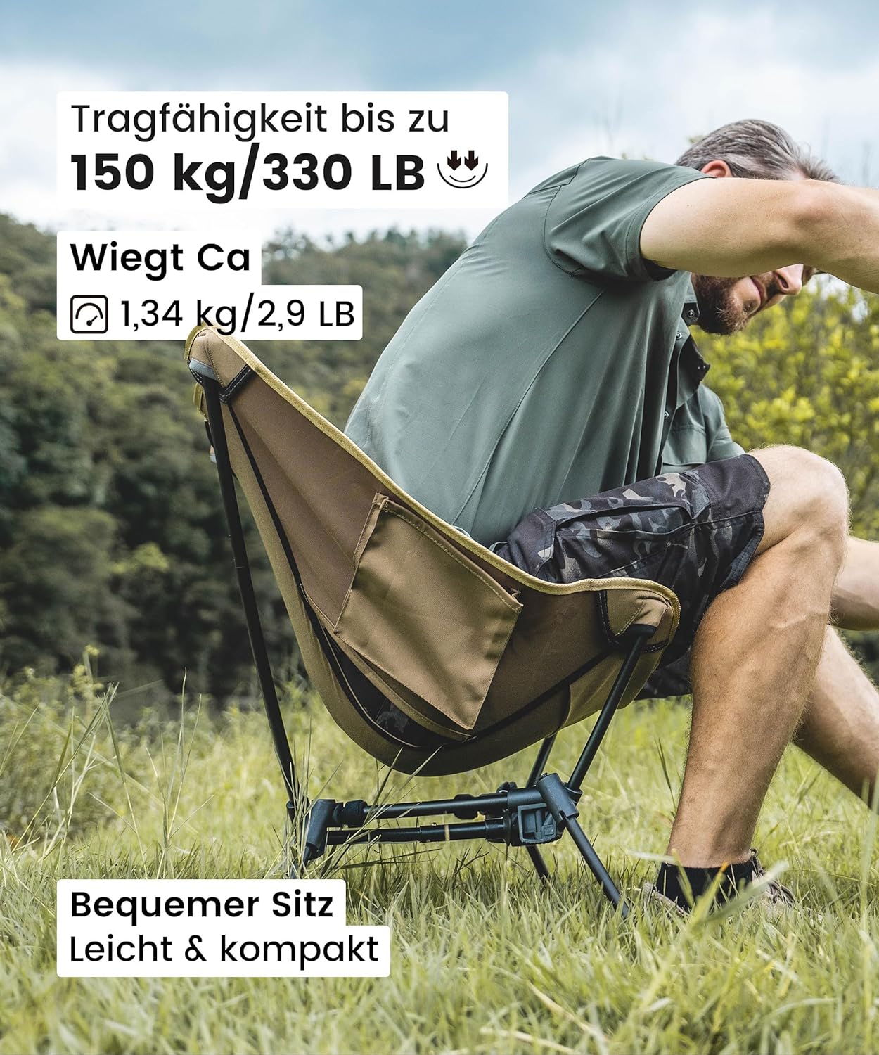 OneTigris TIGERBLADE Campingstuhl faltbar 150 kg, Klappstuhl Camping leicht Dreiecksrahmen, Faltstuhl Ultraleicht, mit 2 Seitentaschen für Outdoor, Wandern